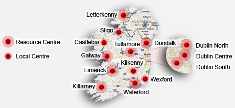 Map of Ireland showing DeafHear regional resource centres in Letterkenny, Sligo, Castlebar, Galway, Limerick, Killarney, Dundalk, Tullamore, Kilkenny, Waterford, Wexford, Dublin North, Dublin Centre and Dublin South